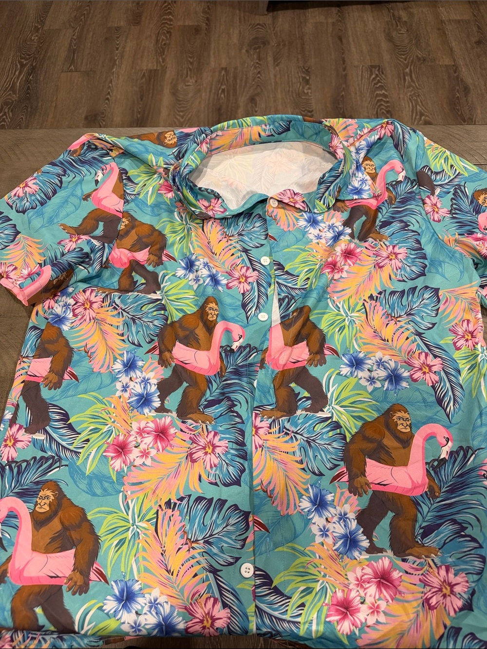 SHEIN Tropical Flamingo Gorilla Print Button-Down Shirt - Teal, Pink, Brown
